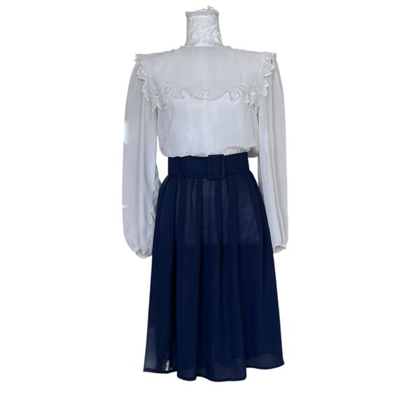 Vintage 80s White Blue Sheer Belted Dress Womens Sz Small Lace Collar Coquette - Picture 2 of 16